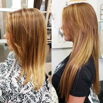 Side-by-side comparison of a woman's hair before and after a hair treatment or styling, showing smoother, shinier hair after.