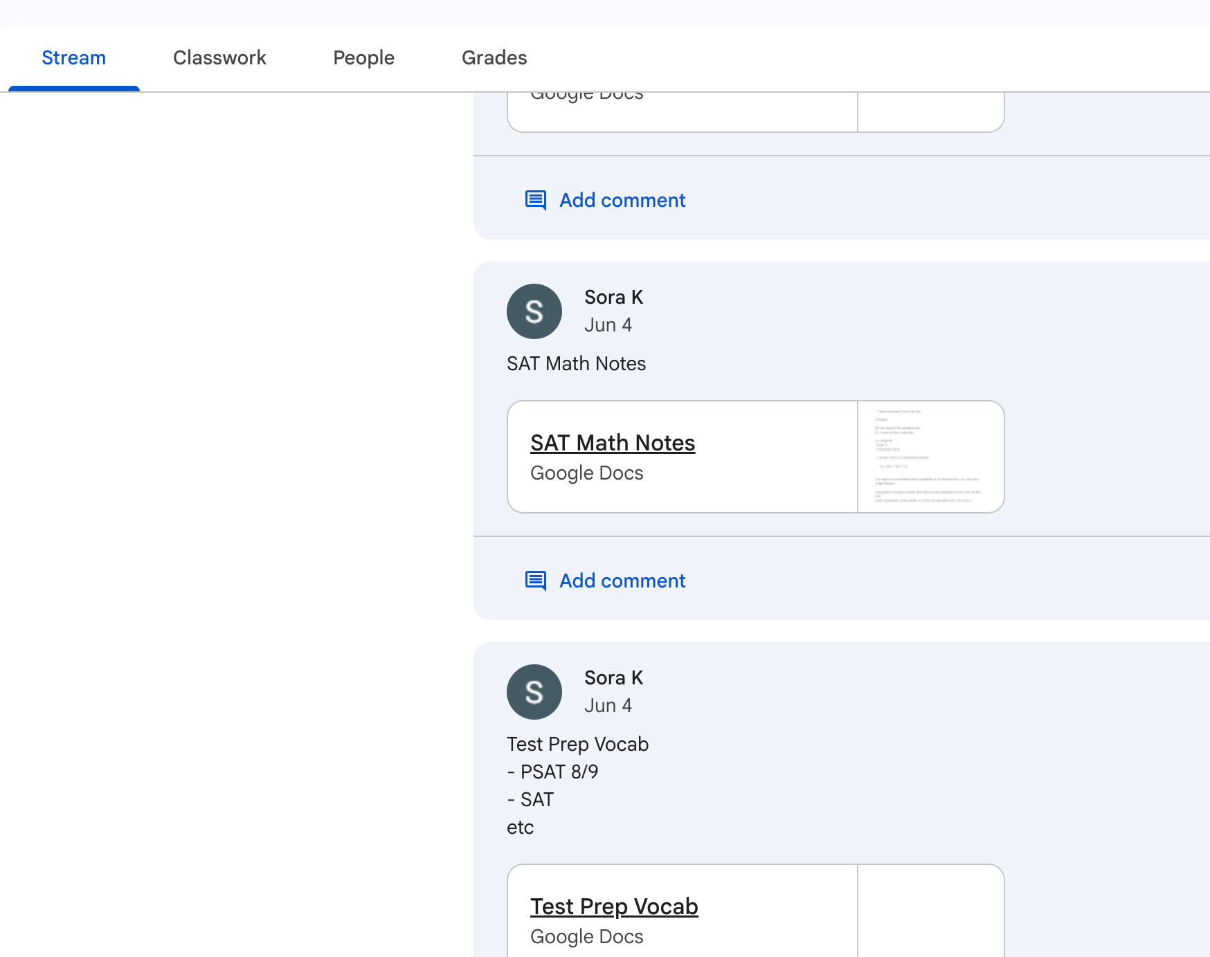 Screenshot of a Google Classroom interface showing a list of saved documents, including 'SAT Math Notes' and 'Test Prep Vocab', with options to add comments.