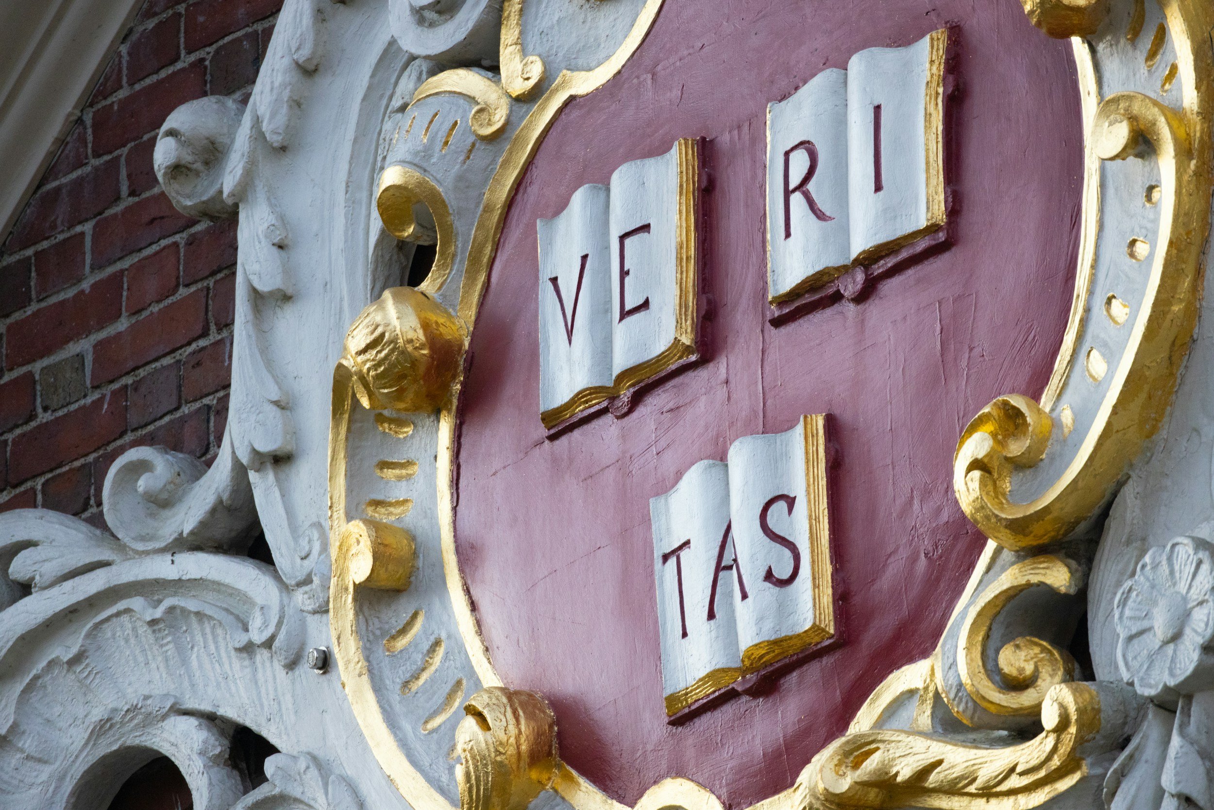 Decorative sign with the word 'VETERANS' on a shield shape, surrounded by ornate white and gold ornamental molding, mounted on a brick wall.