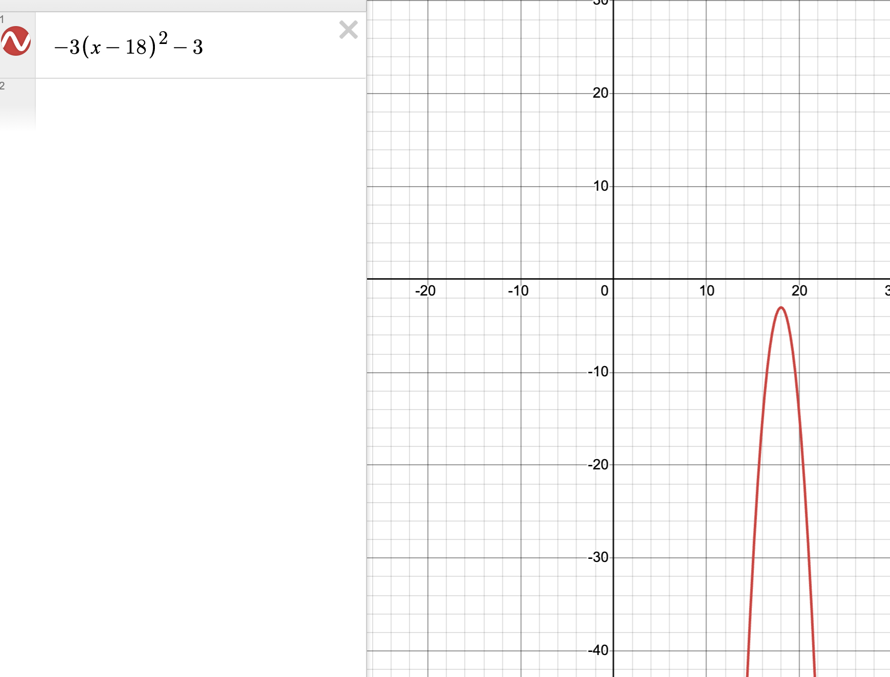 Graph showing a quadratic function with the equation -3(x-18)^2 -3.