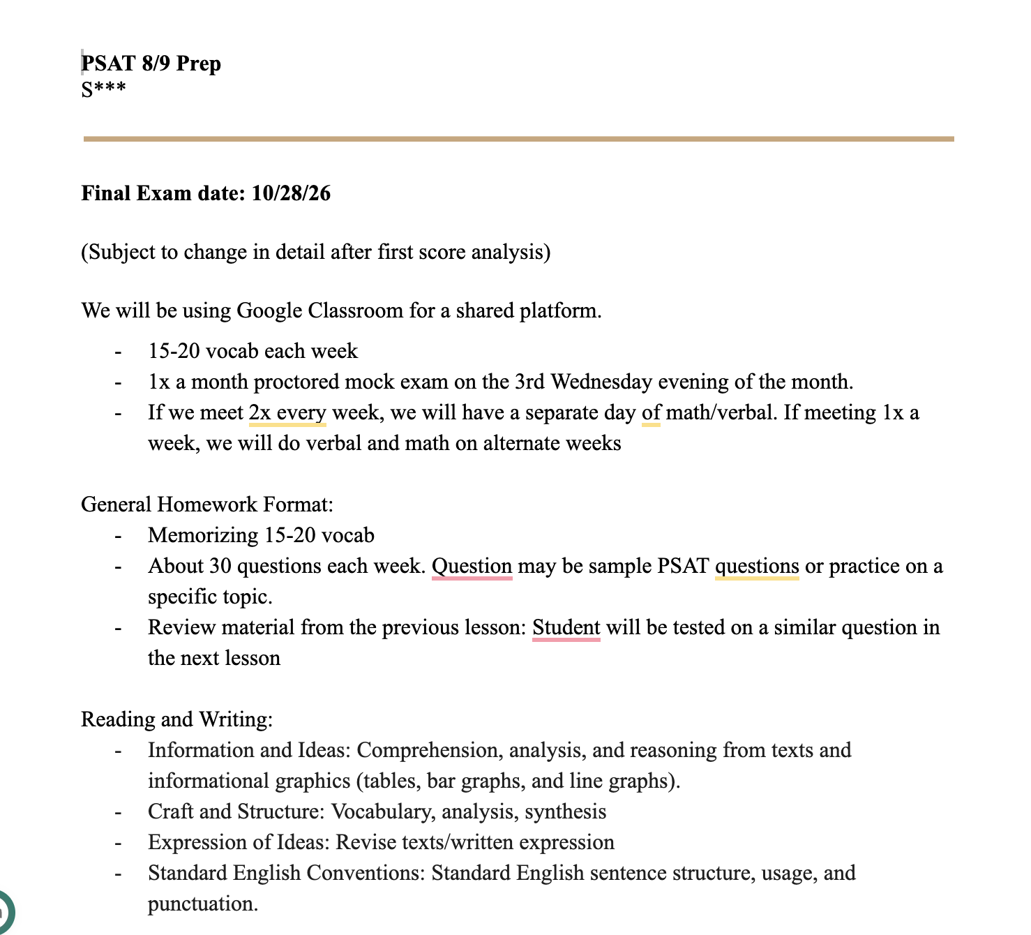 Document titled 'PSAT 8/9 Prep' with dates and text about exam preparation, Google Classroom platform, vocabulary, mock exams, and homework instructions.