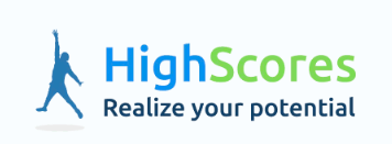 Logo for HighScores with a blue silhouette of a person raising their arm, and the text 'HighScores' in blue and green, with the tagline 'Realize your potential'.