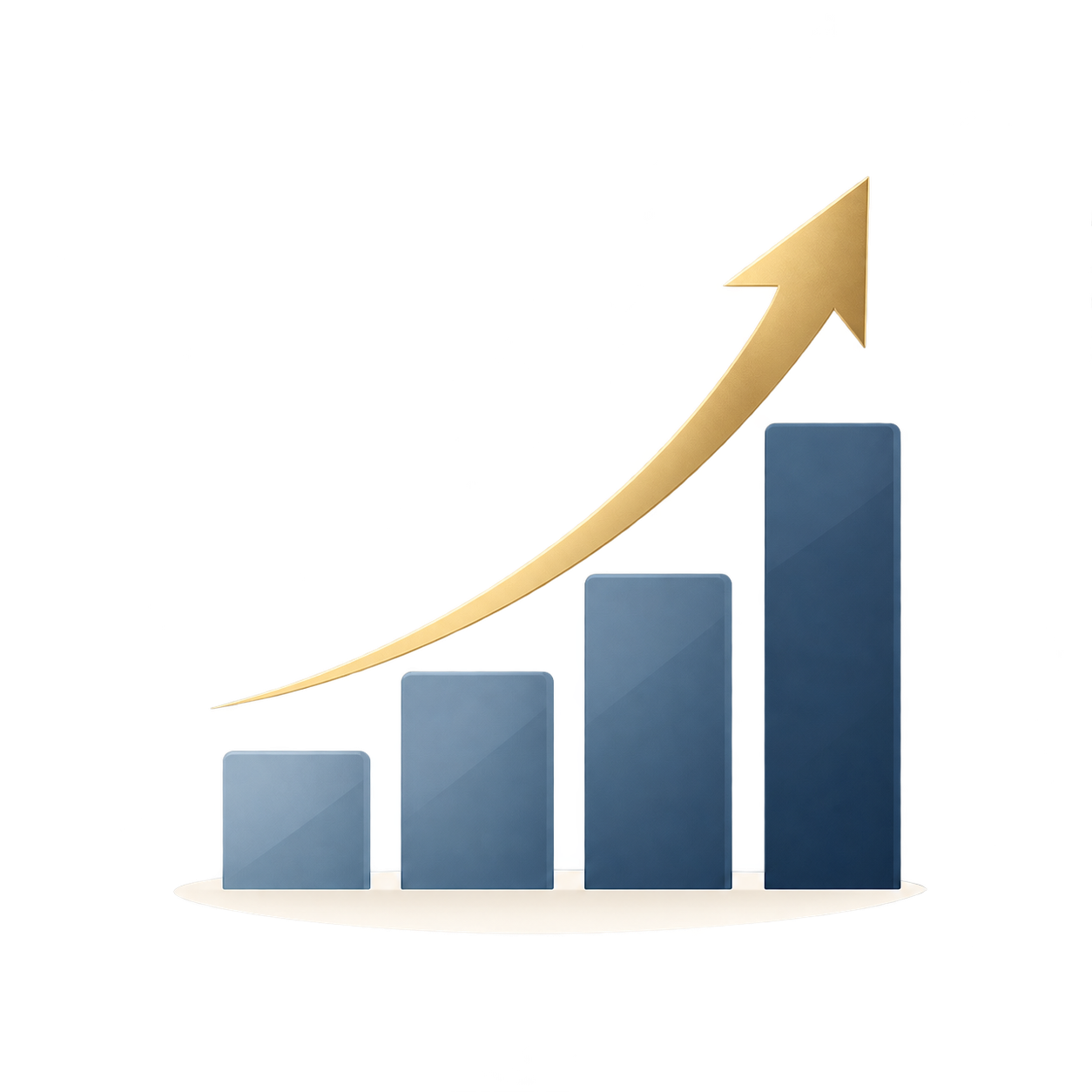 A bar chart with four blue bars of increasing height from left to right, and a gold upward arrow curve above them indicating growth or increase.