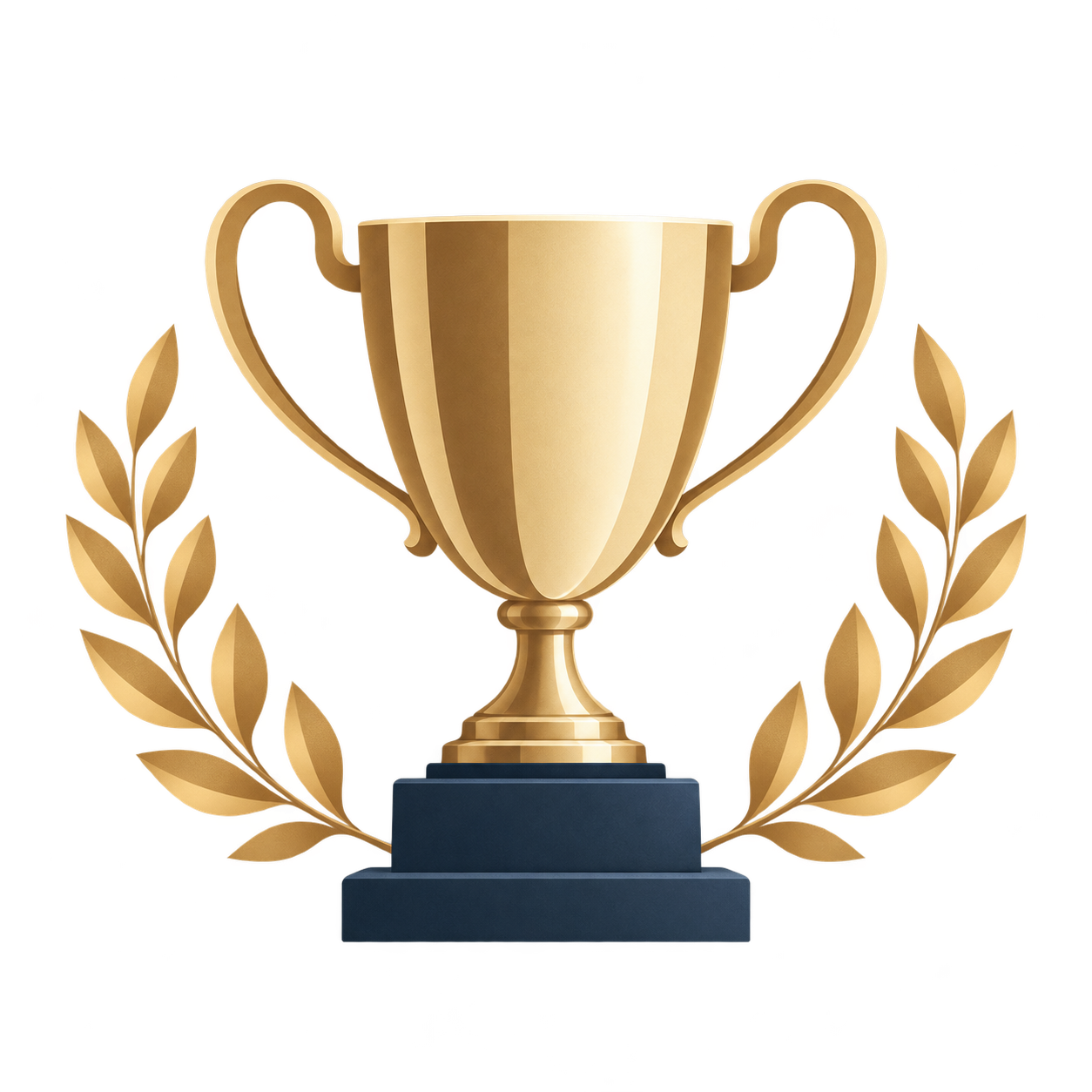 Gold trophy with two small handles on a black base, flanked by gold laurel branches, on a gray surface.