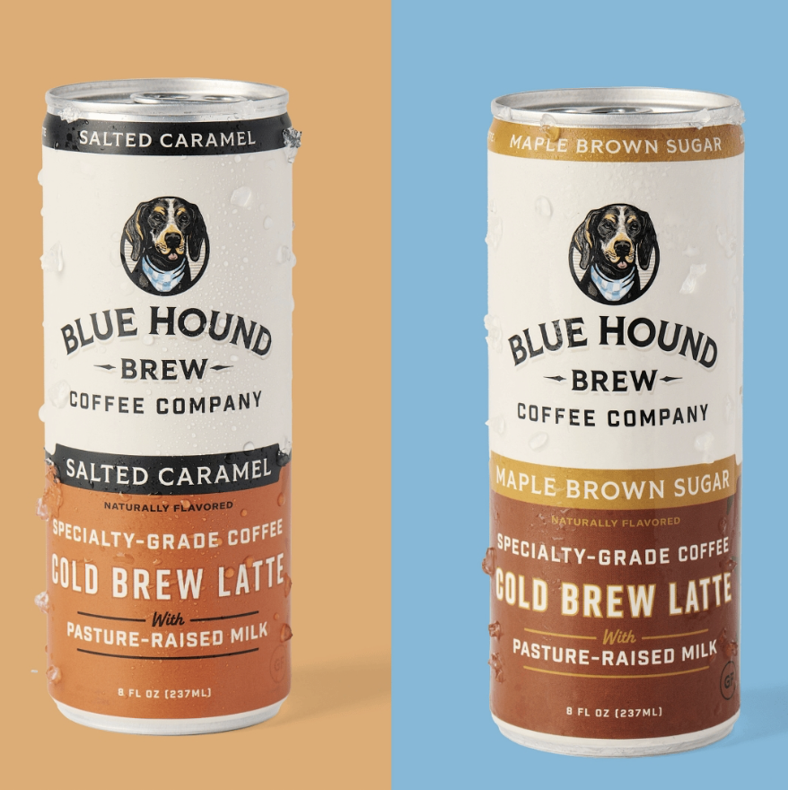 Blue Hound Brew from Nashville - Two cans of Blue Hound Brew Cold Brew Latte; the left is salted caramel flavor with a beige background, and the right is maple brown sugar flavor with a blue background.
