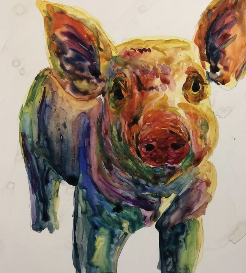 Katie White Studio - Watercolor painting of a French Bulldog with colorful, vibrant brushstrokes