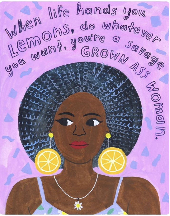Jade Orlando Illustration - A colorful illustration of a Black woman with curly hair, wearing lemon slice earrings, a daisy necklace, and a white top with colorful patterns. The background is pink and purple with a motivational quote that reads, "Whe