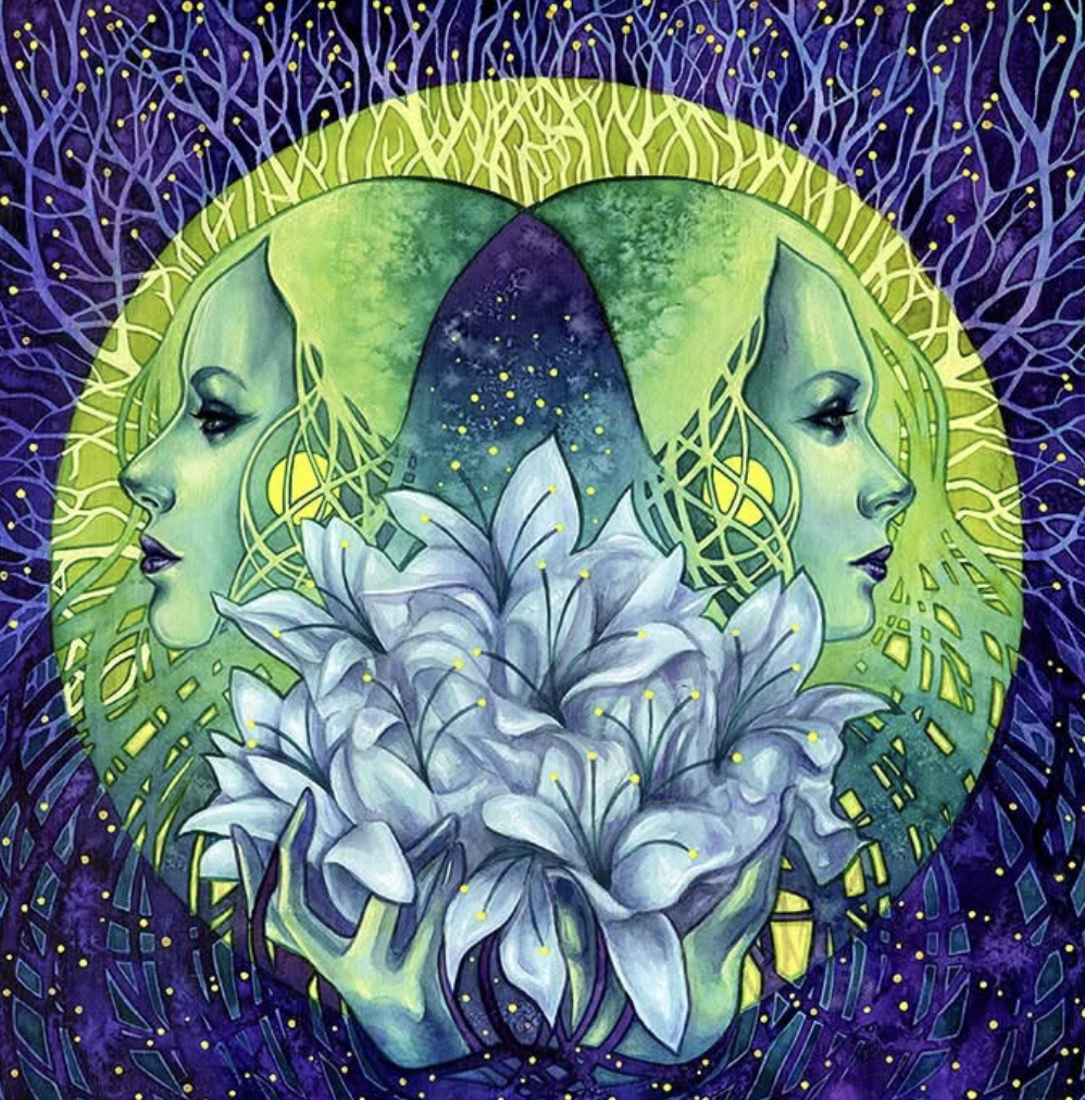Kelly McKernen Art - Two women's profiles facing opposite directions, with long green hair intertwined with yellow patterns, surrounded by abstract purple and blue background with glowing dots, large white flowers in front of them.