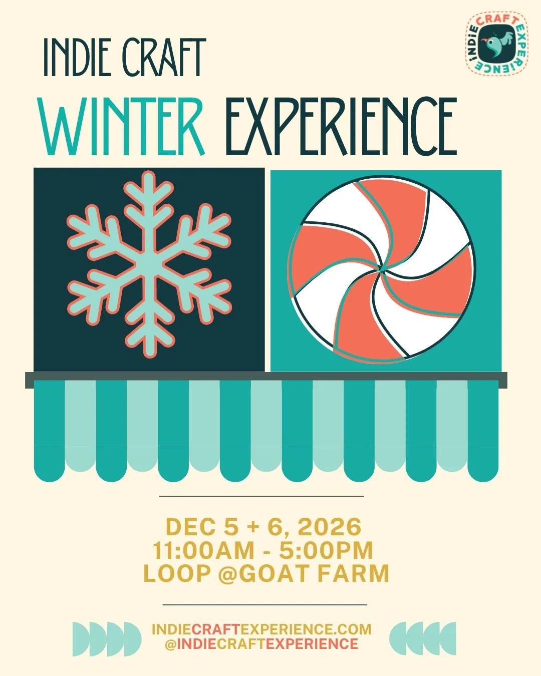 Poster for Indie Craft Winter Experience, scheduled for December 5 and 6, 2026, from 11:00 AM to 5:00 PM at Loop @Goat Farm Atlanta.  More information on website and social media handles.