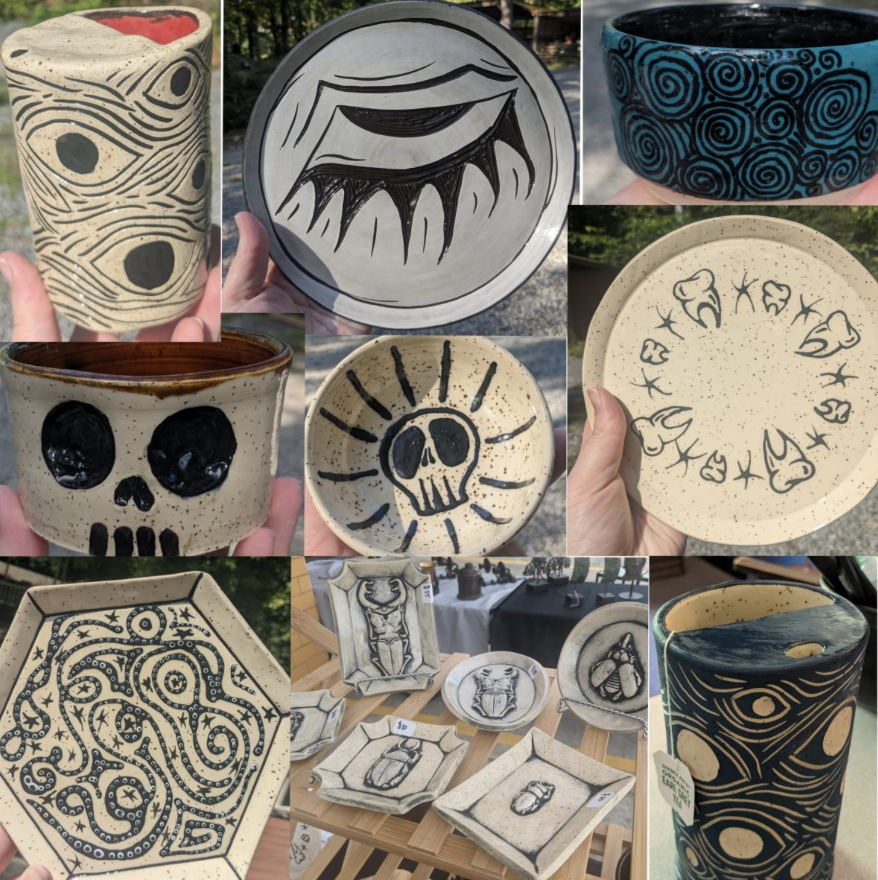 People Eater Ceramics - Collection of handmade ceramic pottery including cups, plates, and bowls with abstract, skull, eye, and nature-inspired designs, some featuring black and cream colors and rustic finishes.