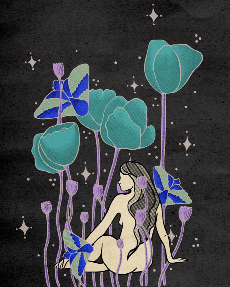 Mel D Art Studio - Artwork of a nude woman with long dark hair sitting amidst large teal flowers, purple stems, and blue and green butterflies, set against a black, starry background.