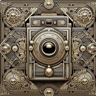 Max Vintage Photo - A detailed, steampunk-style mechanical gear and lock design with intricate metallic patterns.