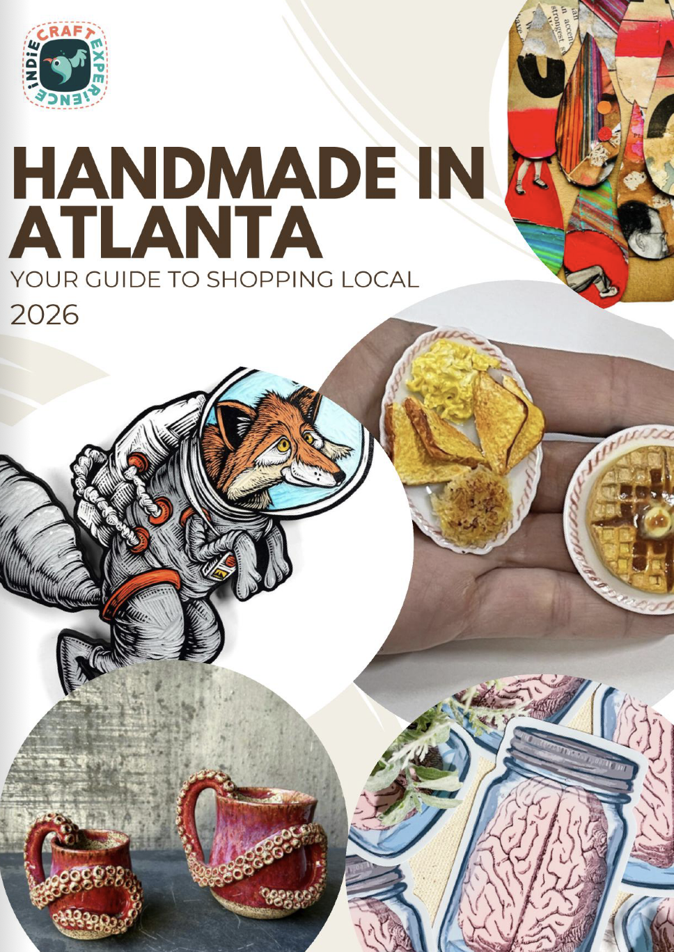 Cover of the 2026 guidebook titled "Handmade in Atlanta" showcasing local handmade crafts, food items, and artistic designs.