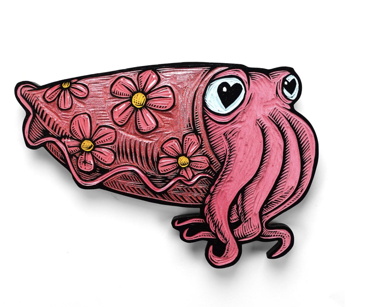 Noosh! Colorful sticker of a pink octopus with large eyes and heart-shaped pupils, decorated with pink flowers and yellow centers.