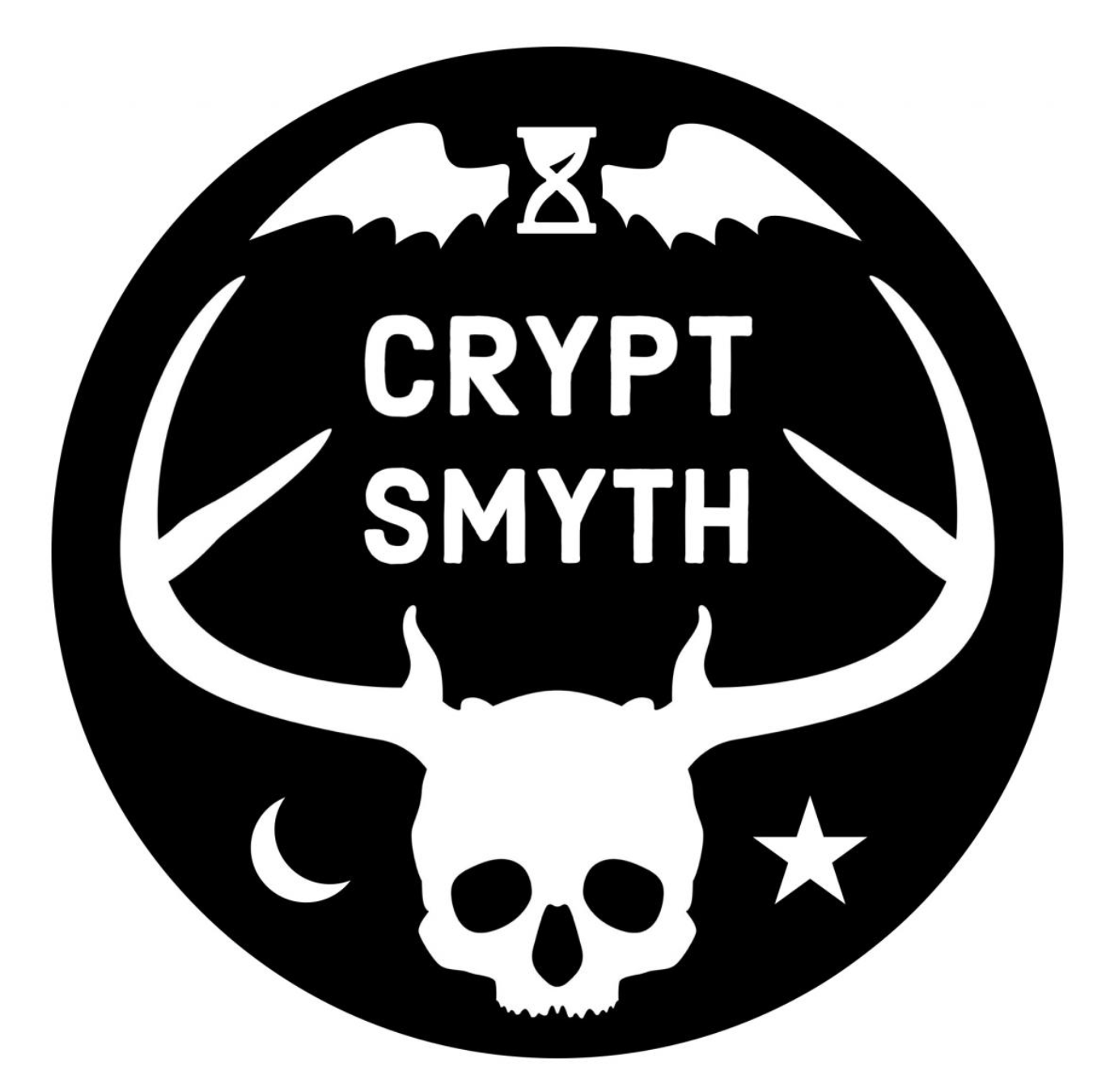 Cyypt Smyth Jewelry - Black and white circular emblem with a skull at the bottom, a deer head with antlers at the top, wings and a DNA strand above, and a crescent moon and star at the bottom corners. Text in the center reads "CRYPT SMYTH."
