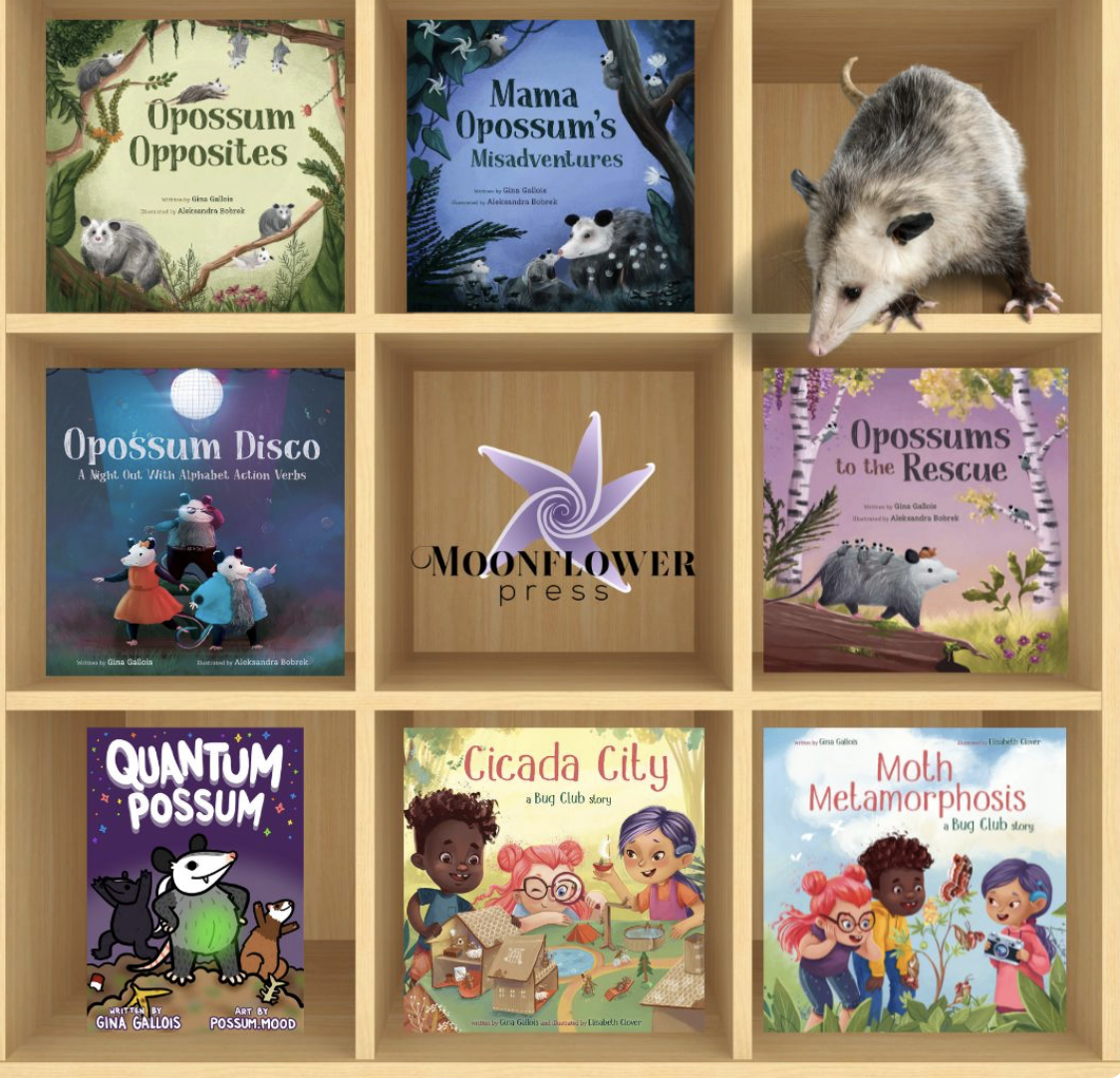 Moonflower Press - Children's book author - A wooden bookshelf with nine compartments, featuring children's books about opossums and a real opossum on the top right shelf. The books include 'Opossum Opposites,' 'Mama Opossum's Misadventures,' 'Opossu