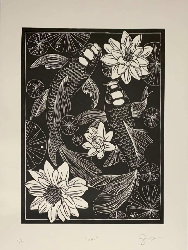Black and white illustration of two koi fish swimming among water lilies and lotus flowers.