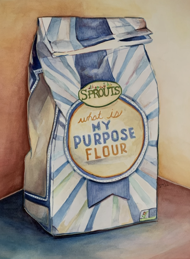 Laurielle Fassold Artist - A watercolor painting of a bag of Sprouts brand purpose flour with the label 'What is my purpose flour' against a peach-colored background.