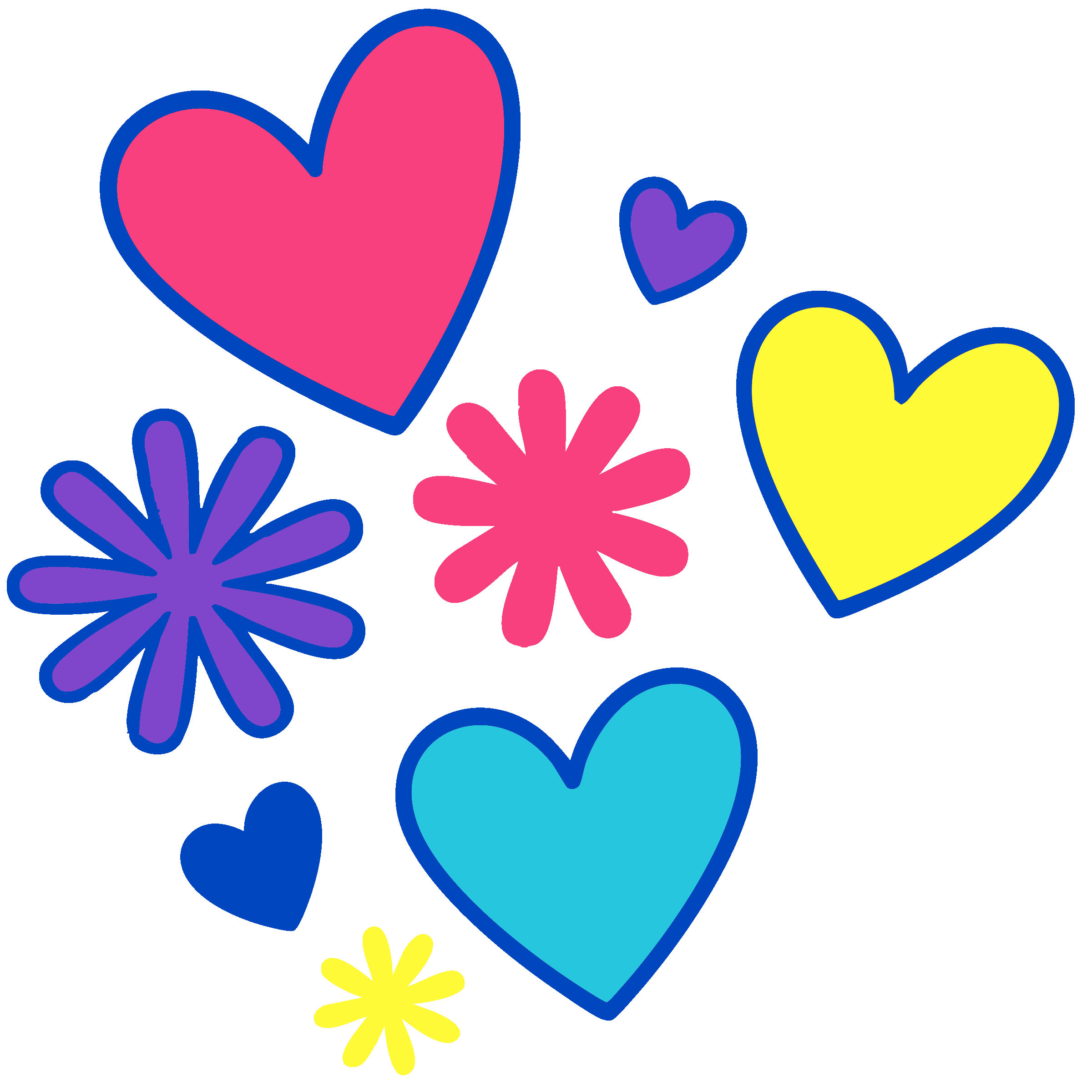 Collection of colorful hearts and flowers on black background, featuring large pink, yellow, and blue hearts surrounded by purple and yellow flowers.