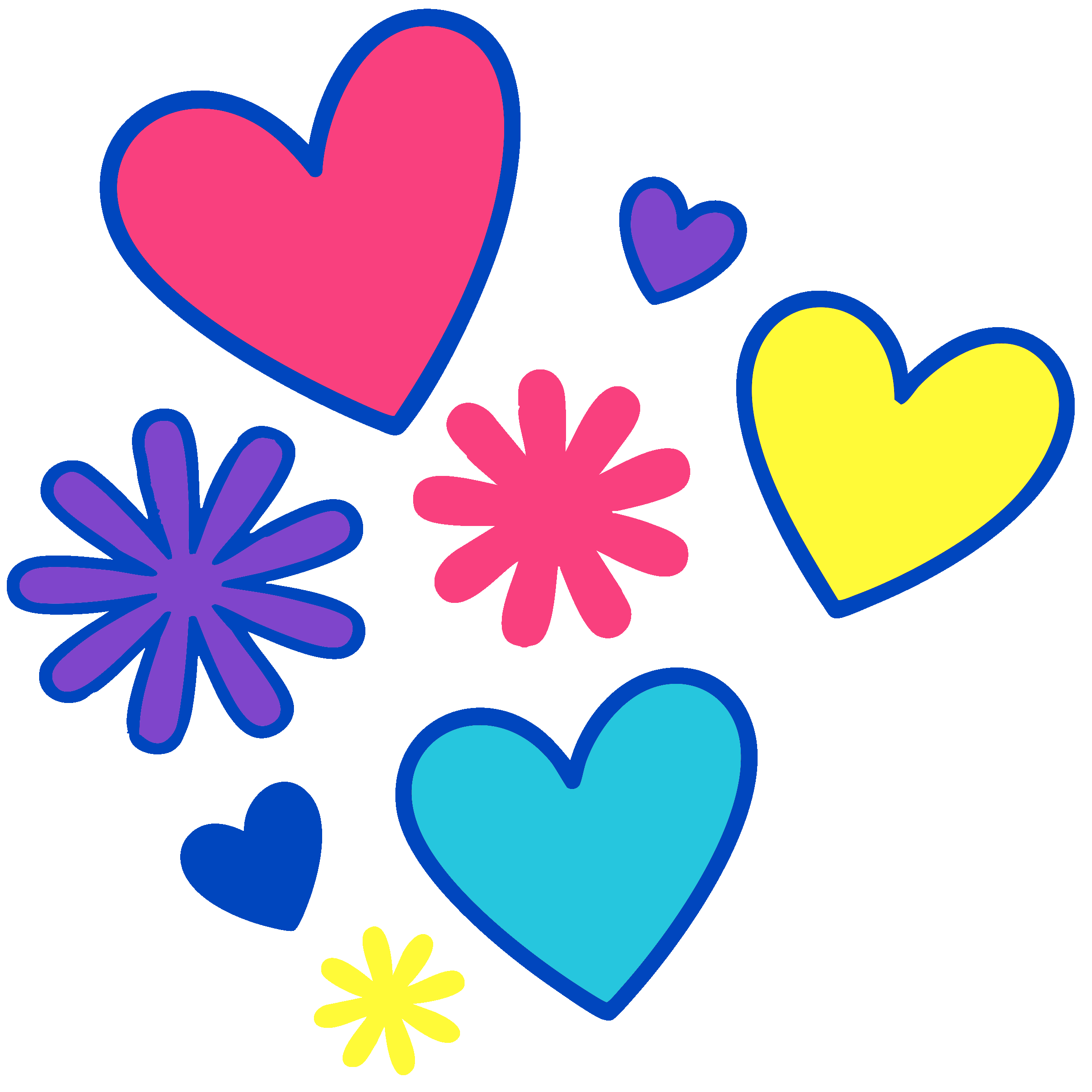 Colorful hand-drawn hearts, flowers, and abstract shapes with blue outlines on a black background.