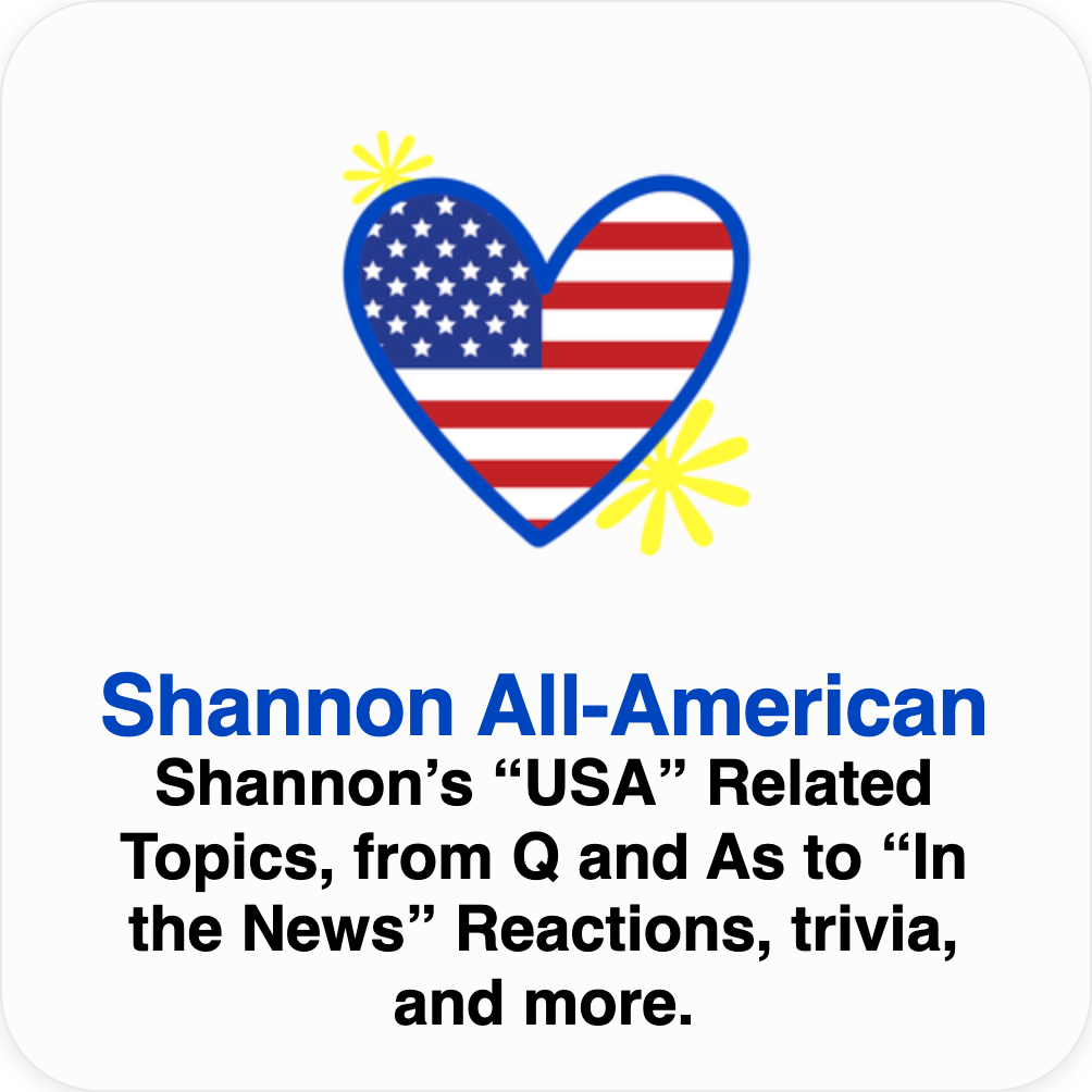 A heart-shaped graphic featuring the American flag with a blue outline, decorated with yellow fireworks, and text promoting topics related to America, Q and As, news reactions, trivia, and more.