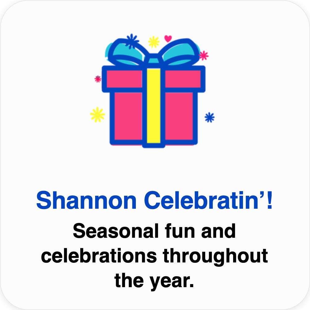 A colorful illustration of a pink gift box with a blue ribbon and bow, surrounded by small yellow, pink, and blue decorative elements. Text below the gift reads 'Shannon Celebratin'! Seasonal fun and celebrations throughout the year.'