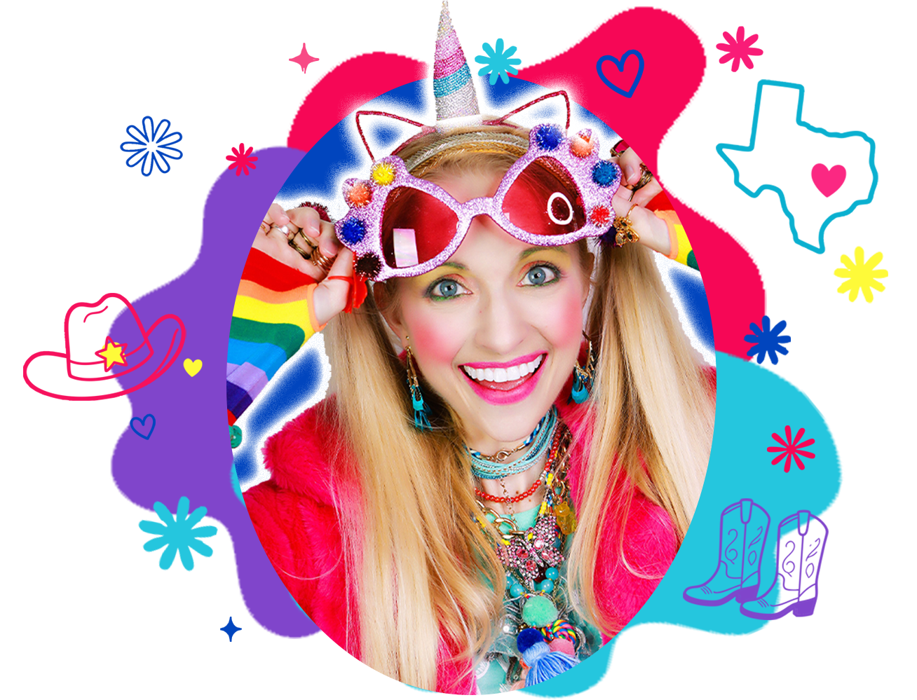 A woman dressed in colorful, whimsical attire with rainbows, jewelry, and accessories, wearing a unicorn-themed eye mask and holding rainbow sunglasses at her forehead.