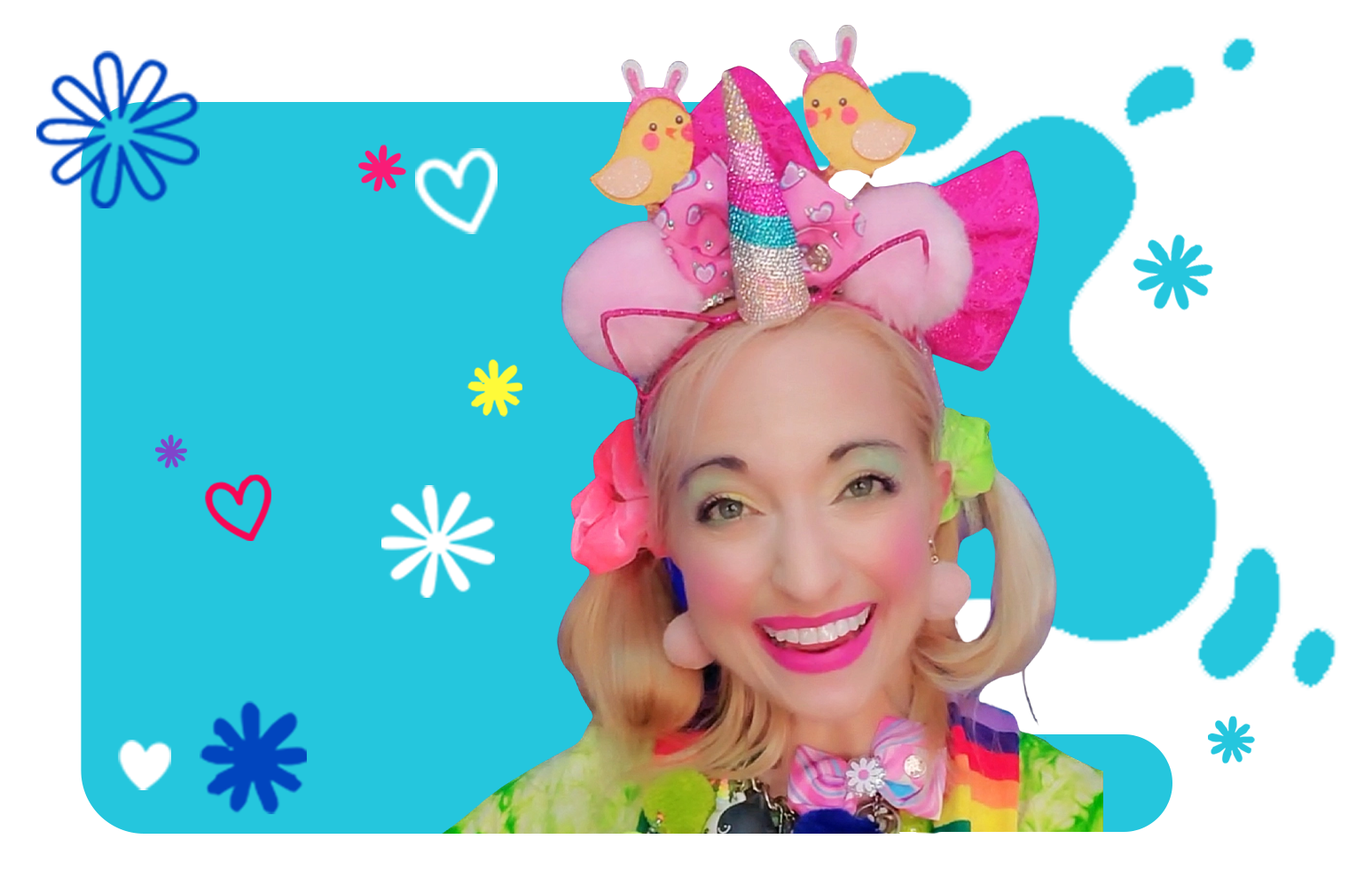 A smiling woman with pink lipstick and pastel makeup, wearing a colorful outfit with a pink and rainbow bow headband with plush animal decorations and flowers, against a blue background with doodle-style flowers and hearts.