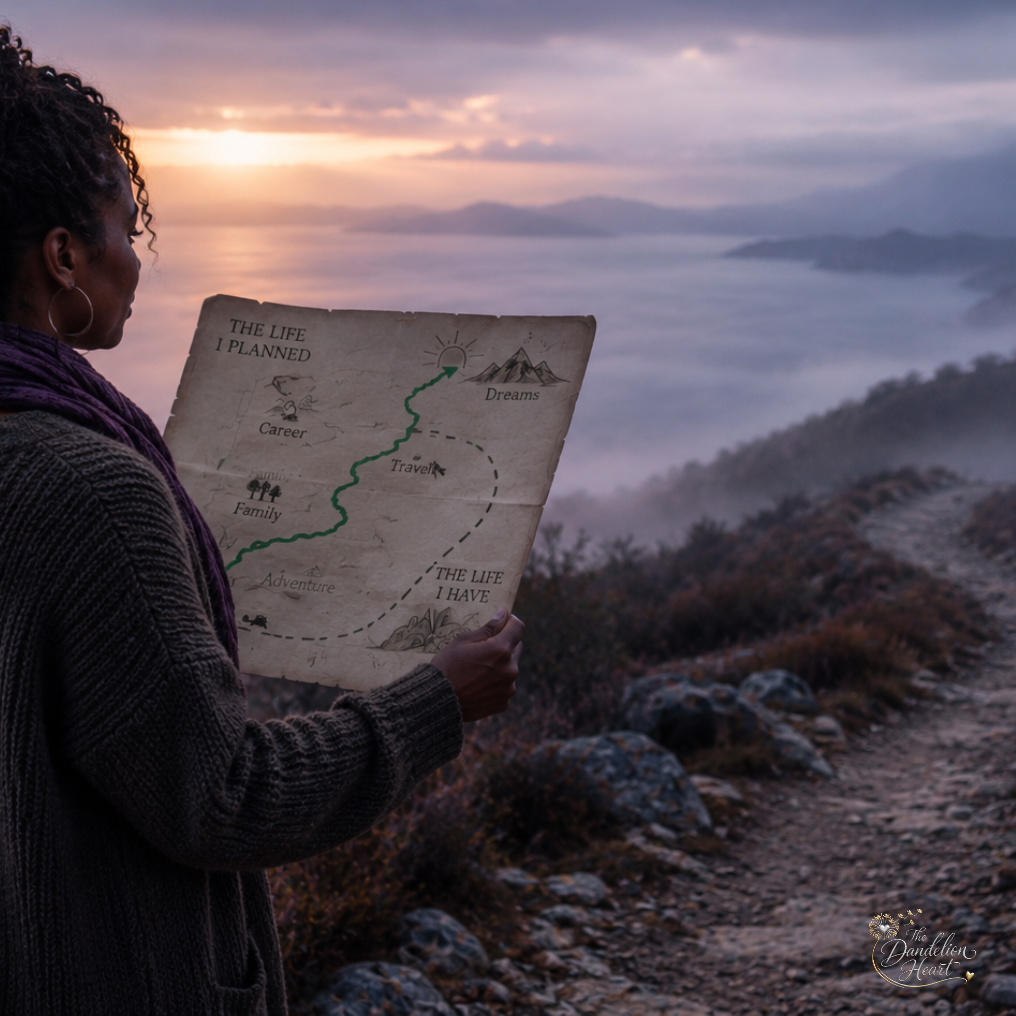 Woman standing on a rocky road holding a map, symbolizing navigating life with chronic illness.