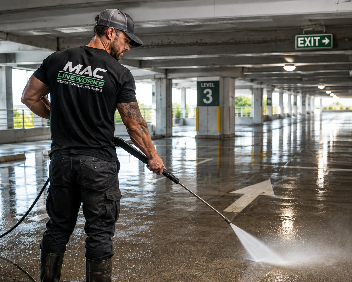 Man pressure washing empty parking garage with a hose, wearing black work pants, black T-shirt with 'MAC LINEWORKS' logo, and a gray cap.