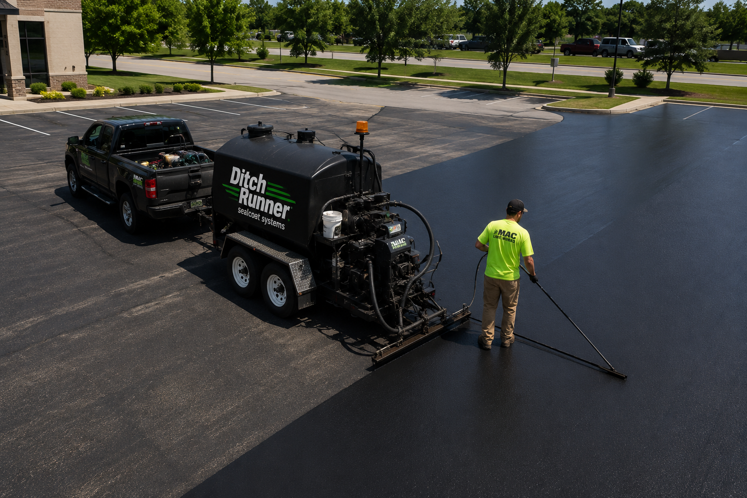 A worker in a bright yellow shirt pours black asphalt using a spray nozzle attached to a machine connected to a truck labeled 'Ditch Runner Sealcoat Systems.' The worker spreads the asphalt on a parking lot, with trees and parked cars in the background.