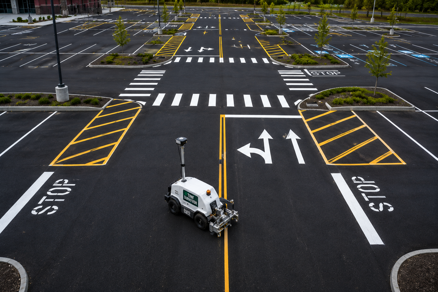 Empty parking lot with white, yellow and blue painted lines for parking spaces, trees, and a small robotic survey vehicle in the foreground.