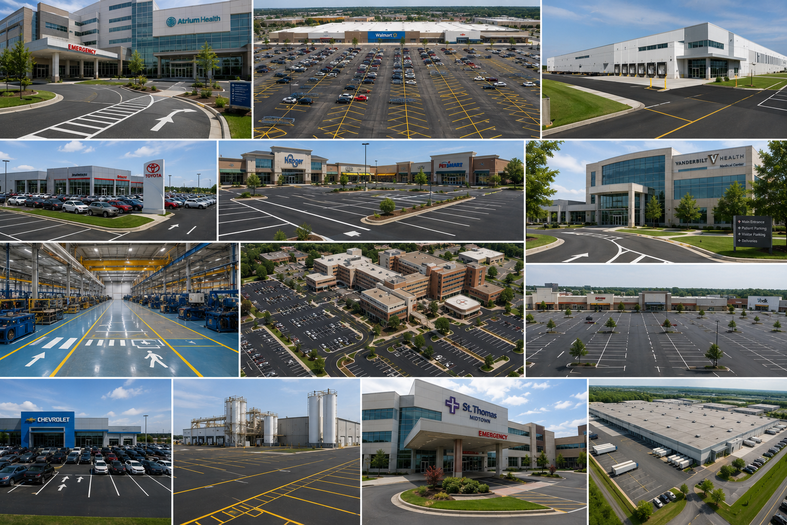 Collection of images showing various commercial healthcare and retail buildings, parking lots, and indoor manufacturing facilities, including hospitals, clinics, a warehouse, and car dealerships.