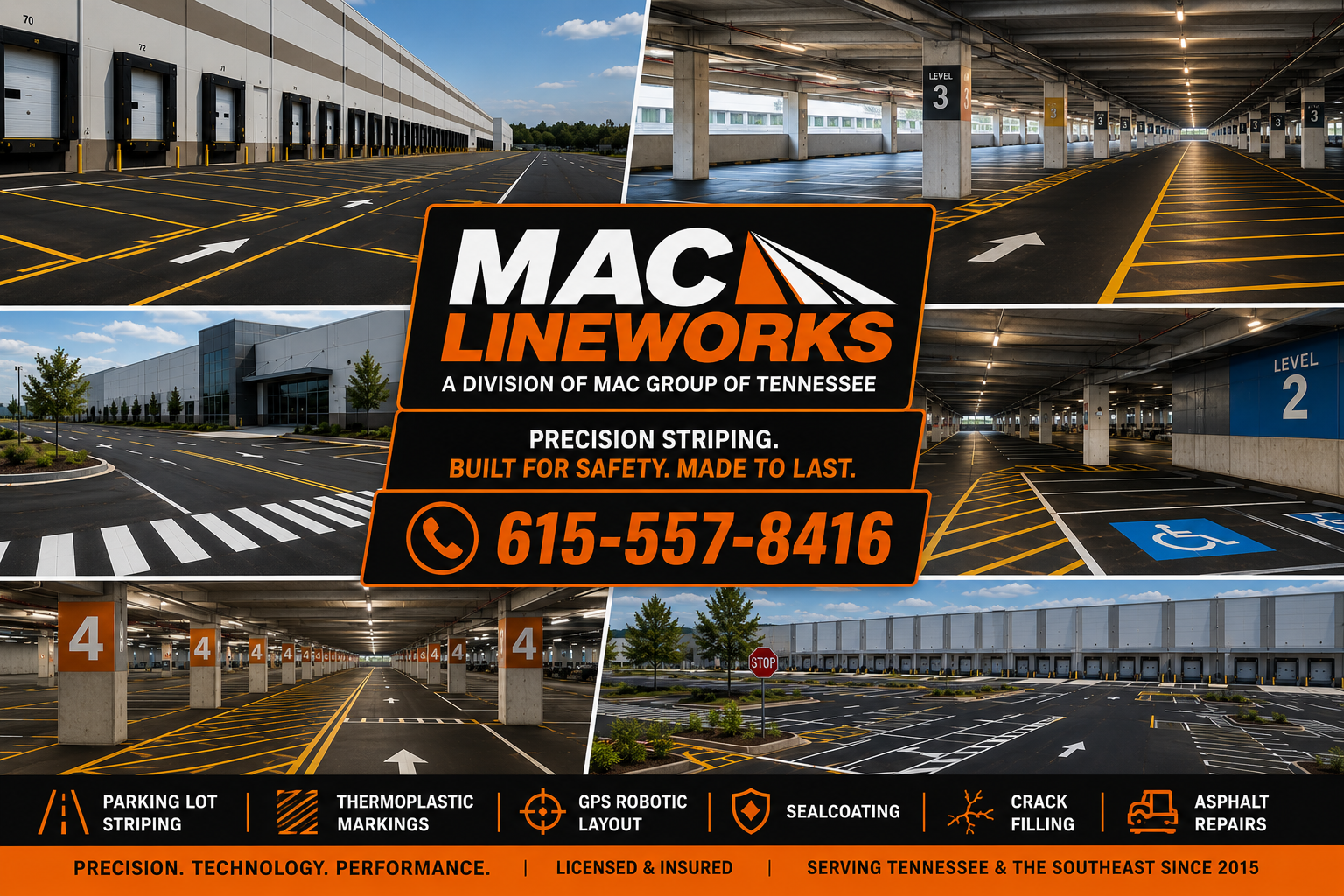 Multiple images of parking lots, including exterior, interior, and marked parking spaces, with the company logo 'MAC Lineworks' and contact number 615-557-8416, highlighting services like parking lot striping, thermoplastic markings, GPS robotic layout, seal coating, crack filling, and asphalt repairs.