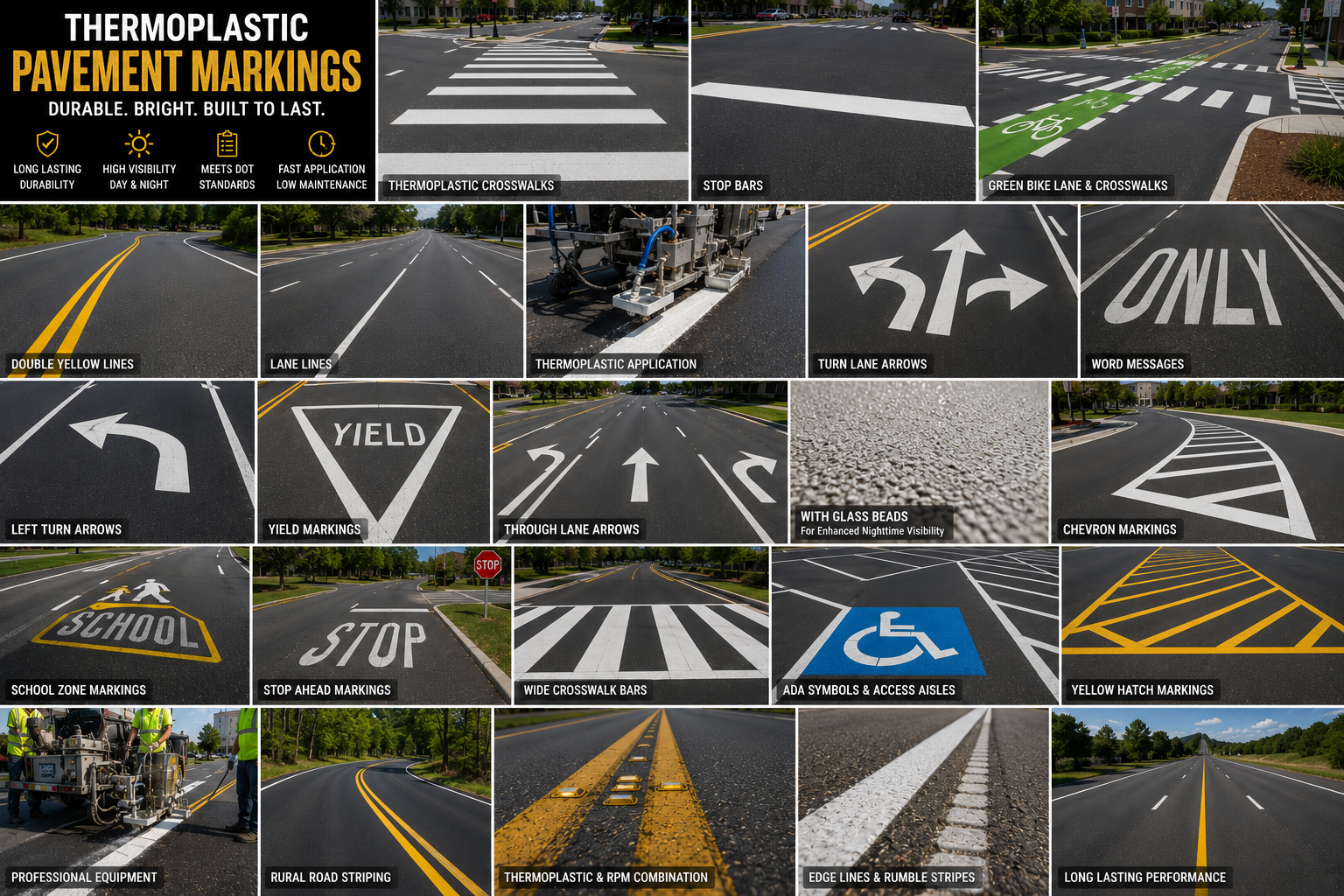 A collection of images showcasing different types of thermoplastic pavement markings, including crosswalks, lane markings, bike lanes, turn arrows, yield and stop signs, crosswalk bars, handicap symbols, and other road marking techniques for traffic control and safety.