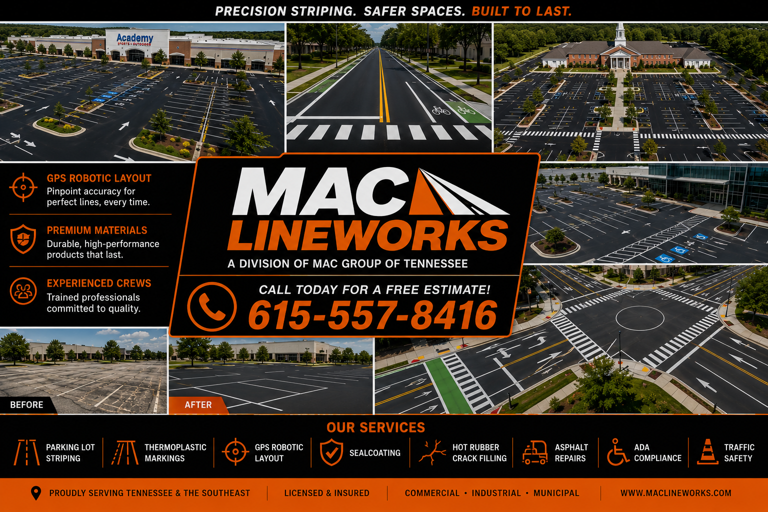 A flyer for MAC LineWorks, a division of MAC Group of Tennessee, showing finished and before images of parking lot striping, with various photos of completed parking lots and road markings. Includes contact info and a list of services like parking lot striping, thermoplastic markings, GPS robotic layout, seal coating, crack filling, asphalt repairs, ADA compliance, and traffic safety.