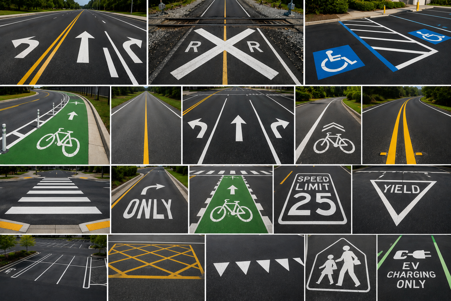 Collage of commercial pavement markings including ADA handicap parking spaces, directional arrows, crosswalks, bike lanes, speed bumps, parking lot striping, and traffic markings installed by MAC LINEWORKS.