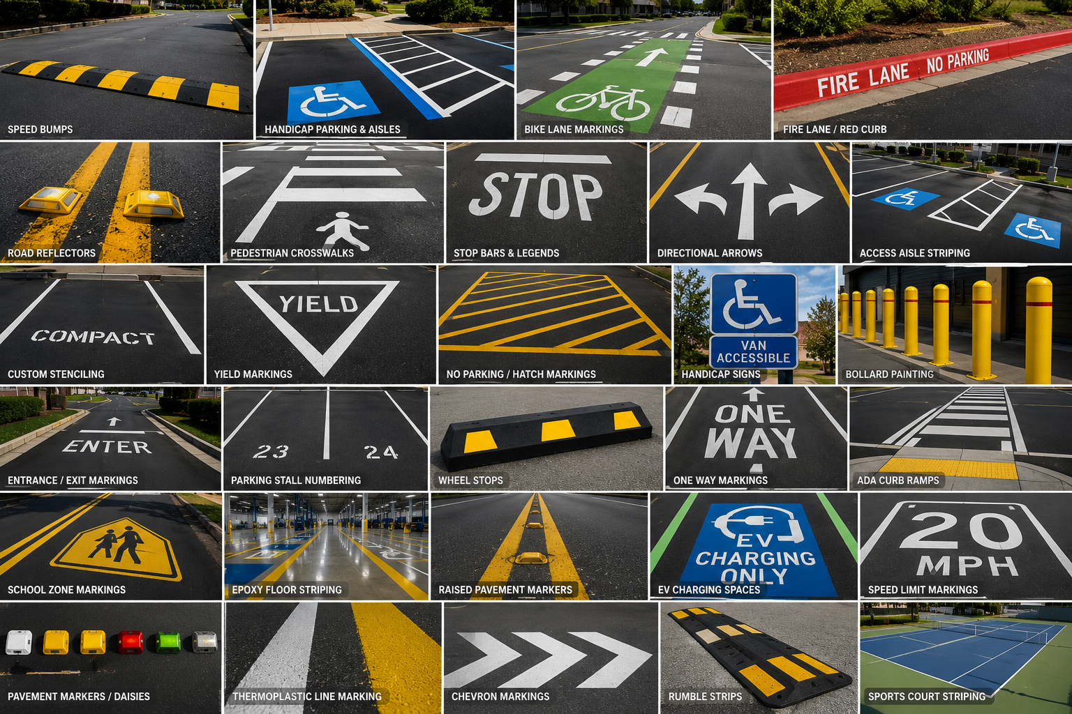 A collage of various road and parking lot markings, signs, and safety features including speed bumps, handicap parking spaces, bike lane markings, fire lane, road reflectors, pedestrian crosswalks, stop bars, directional arrows, access aisle striping, custom stenciling, yield markings, no parking zones, handicap signs, bollard painting, entrance/exit markings, parking stall numbering, wheel stops, one-way markings, ADA curb ramps, school zone markings, epoxy floor striping, raised pavement markers, EV charging spaces, speed limit marking, pavement markers, thermoplastic line marking, Chevron markings, rumble strips, and sports court striping.