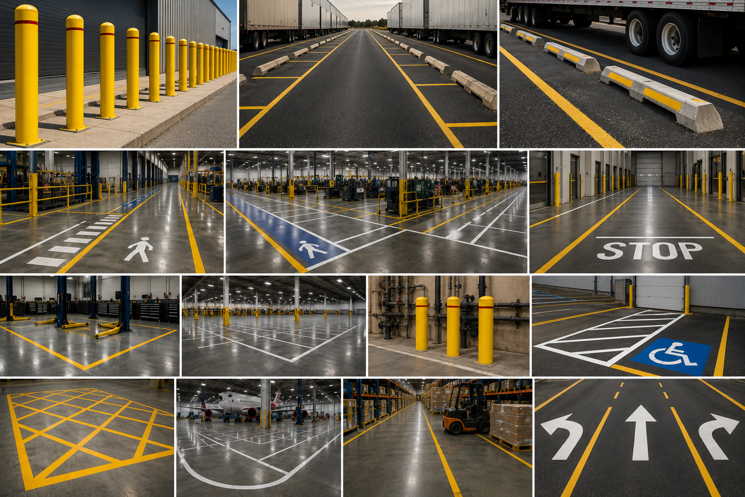 Commercial warehouse and industrial facility pavement markings by MAC LINEWORKS, including warehouse floor striping, forklift lanes, pedestrian safety walkways, loading docks, wheel stops, bollards, parking lot striping, and ADA pavement marking.