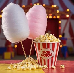 Pink and white cotton candy sticks with a bucket of popcorn on a colorful background