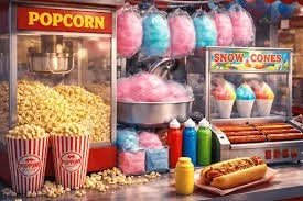 Popcorn machine with buckets of popcorn, colorful cotton candy on sticks, and snow cones with colorful syrups