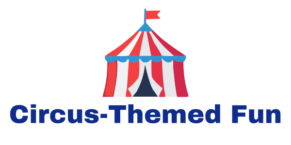 Circus tent with red and white stripes and a blue flag on top, with the text 'Circus-Themed Fun' below.