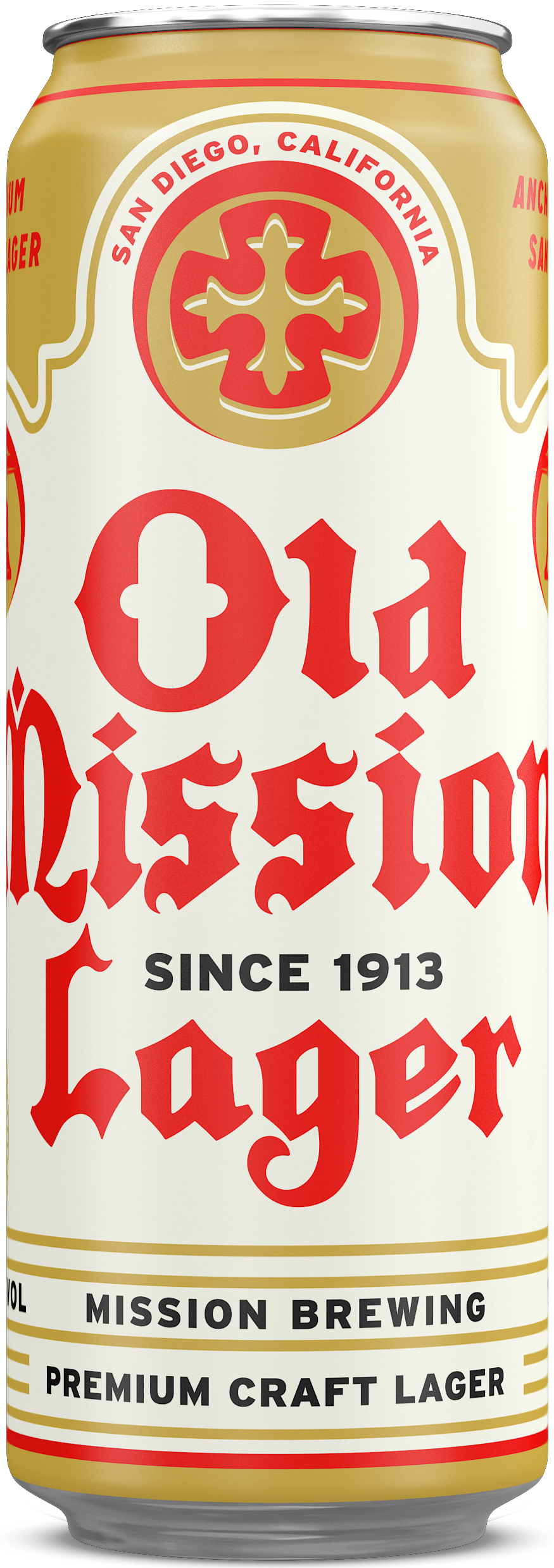 Can of Old Mission Lager by Mission Brewing, San Diego, California, established 1913, premium craft lager.
