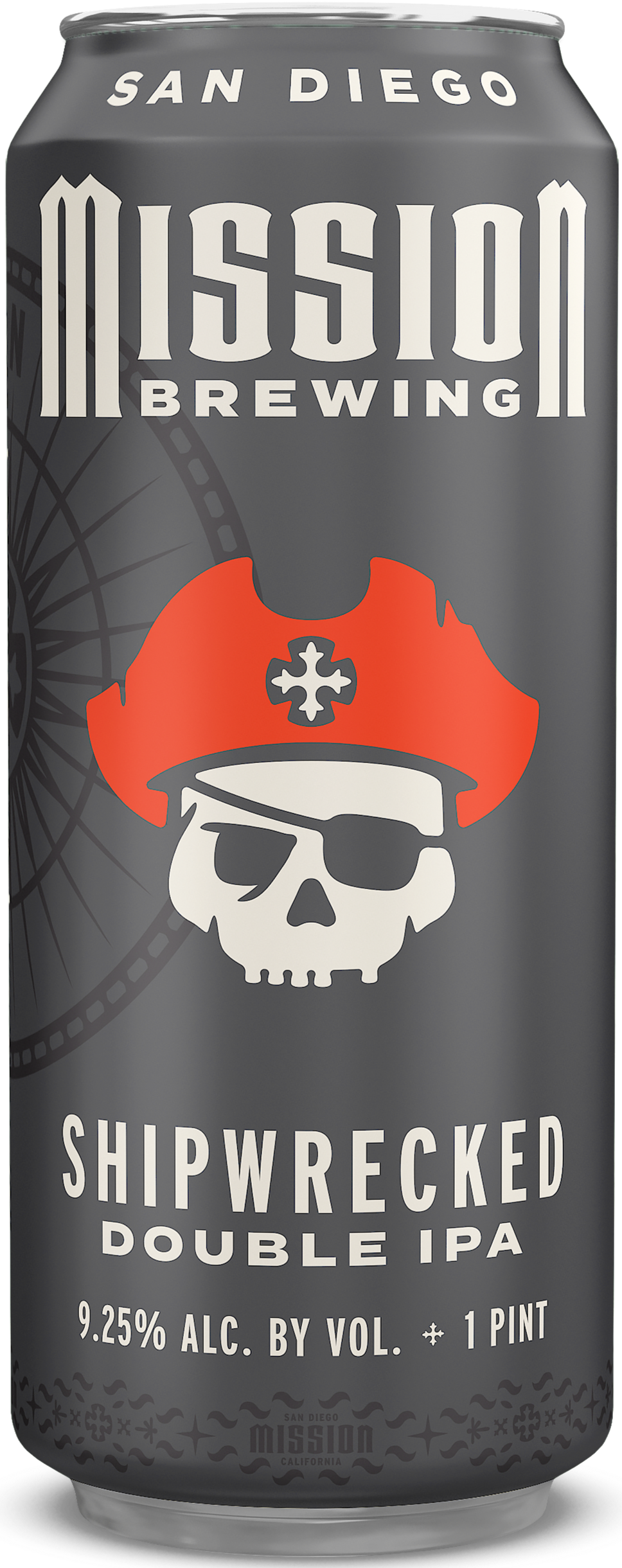 A can of Mission Brewing Shipwrecked Double IPA featuring a skull with an eye patch and a red pirate hat.