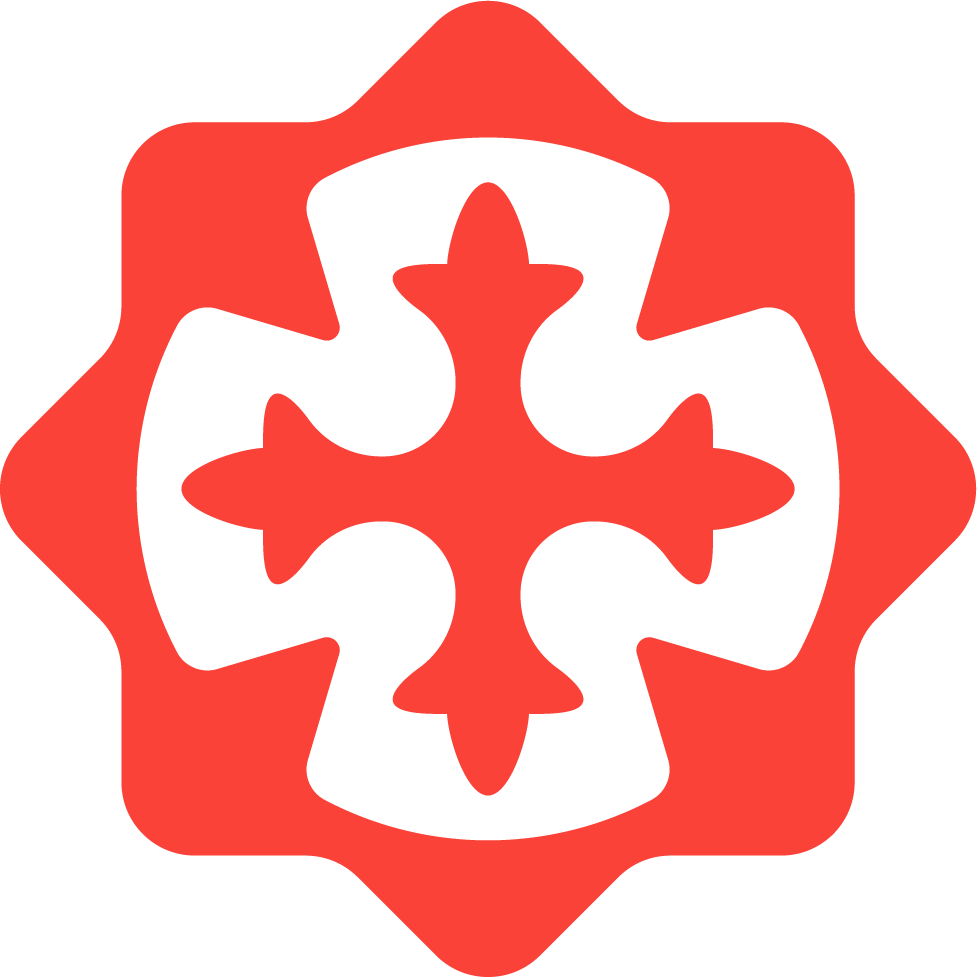 Mission Brewing cross logo. A red abstract geometric design with a symmetrical pattern resembling a stylized star or flower.