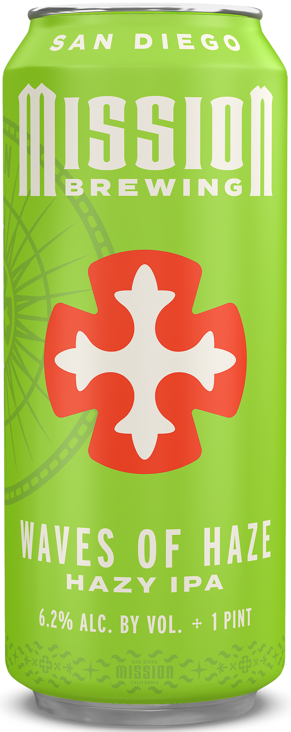 Green aluminum can of Mission Brewing's Waves of Haze Hazy IPA with 6.2% alcohol, 1 pint capacity, featuring a white cross symbol on a red background and text indicating it's from San Diego, California.