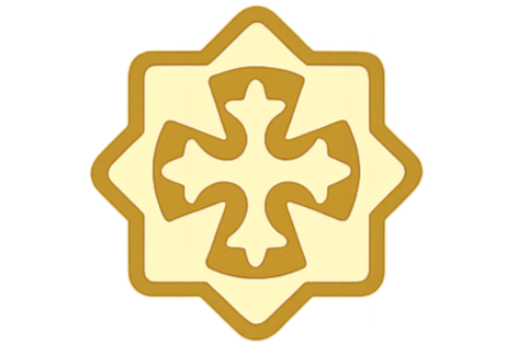 A cookie with a white icing base decorated with a brown geometric snowflake or star pattern.