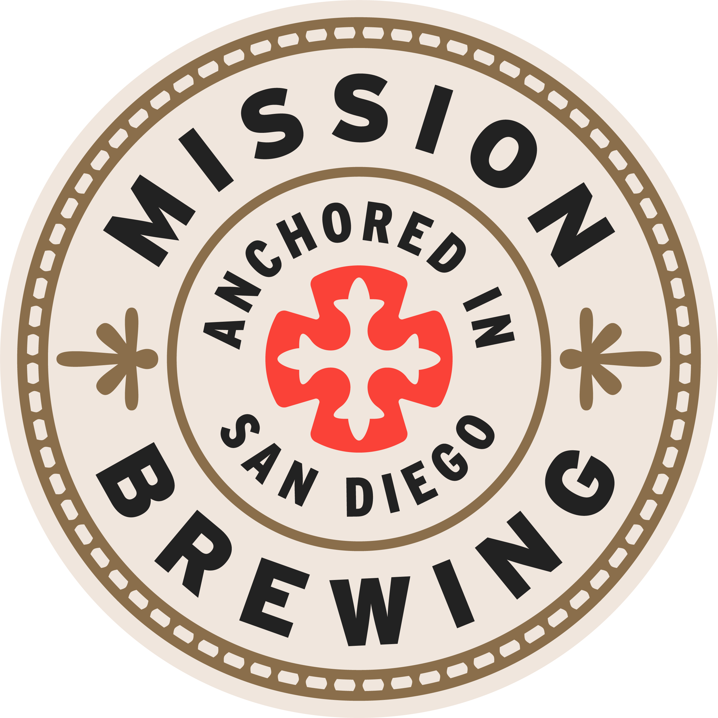 Vintage-style circular badge with text and decorative elements, featuring the words 'MISSION' and 'EWE' prominently.