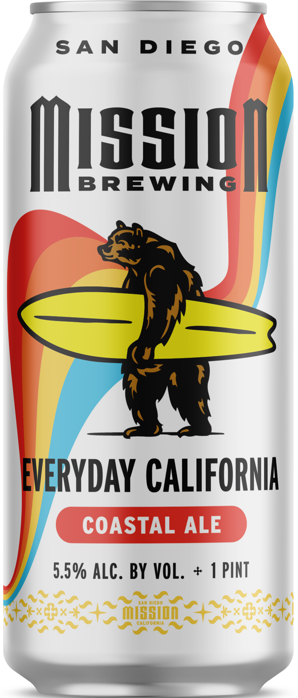 A can of Everyday California Mission Brewing Coastal Ale from San Diego, California, featuring a bear holding a surfboard against a rainbow background, with colorful wave graphics and text indicating 5.5% alcohol by volume.