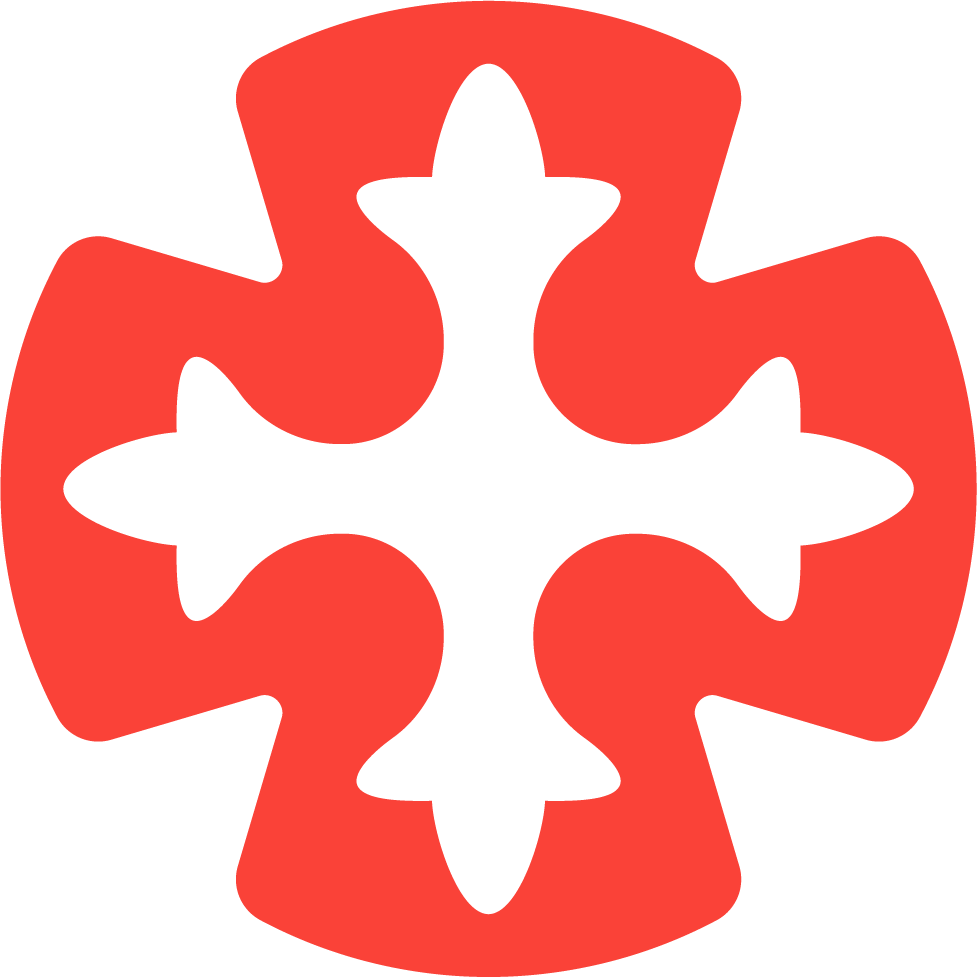 A red and white abstract icon resembling a snowflake or star shape with interlocking figures.